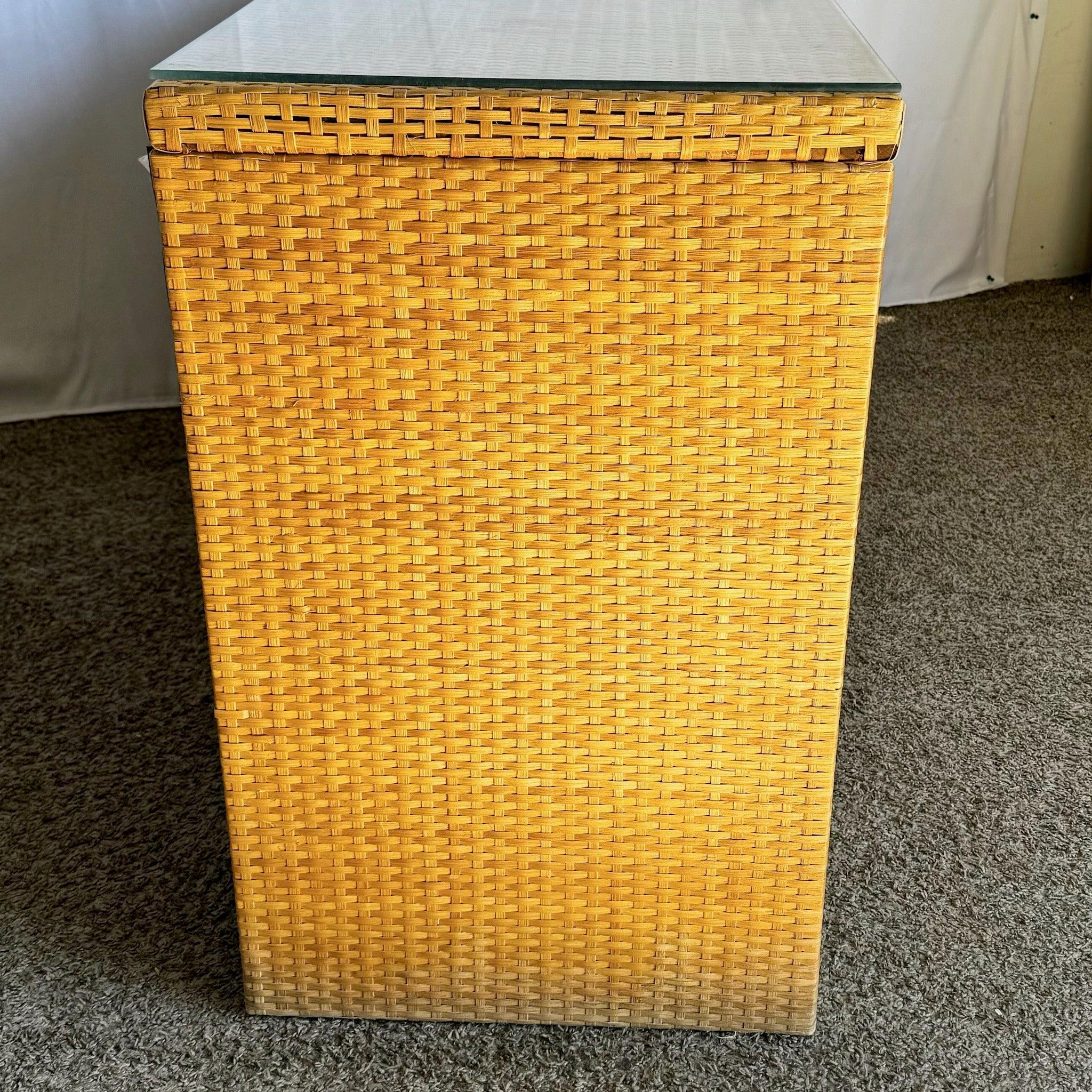 Boho Chic Glass Top Wicker Dresser With Brass Handles by Dixie In Good Condition In Delray Beach, FL