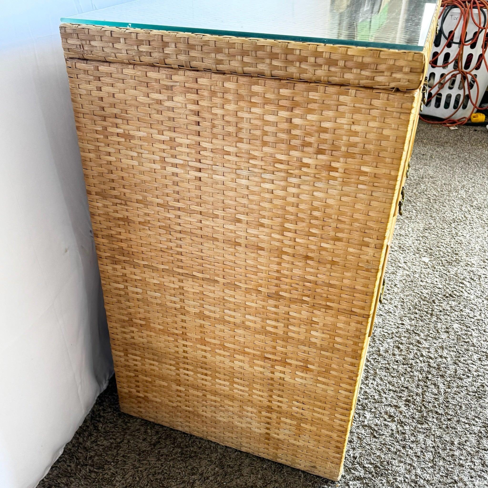 Late 20th Century Boho Chic Glass Top Wicker Dresser With Brass Handles by Dixie