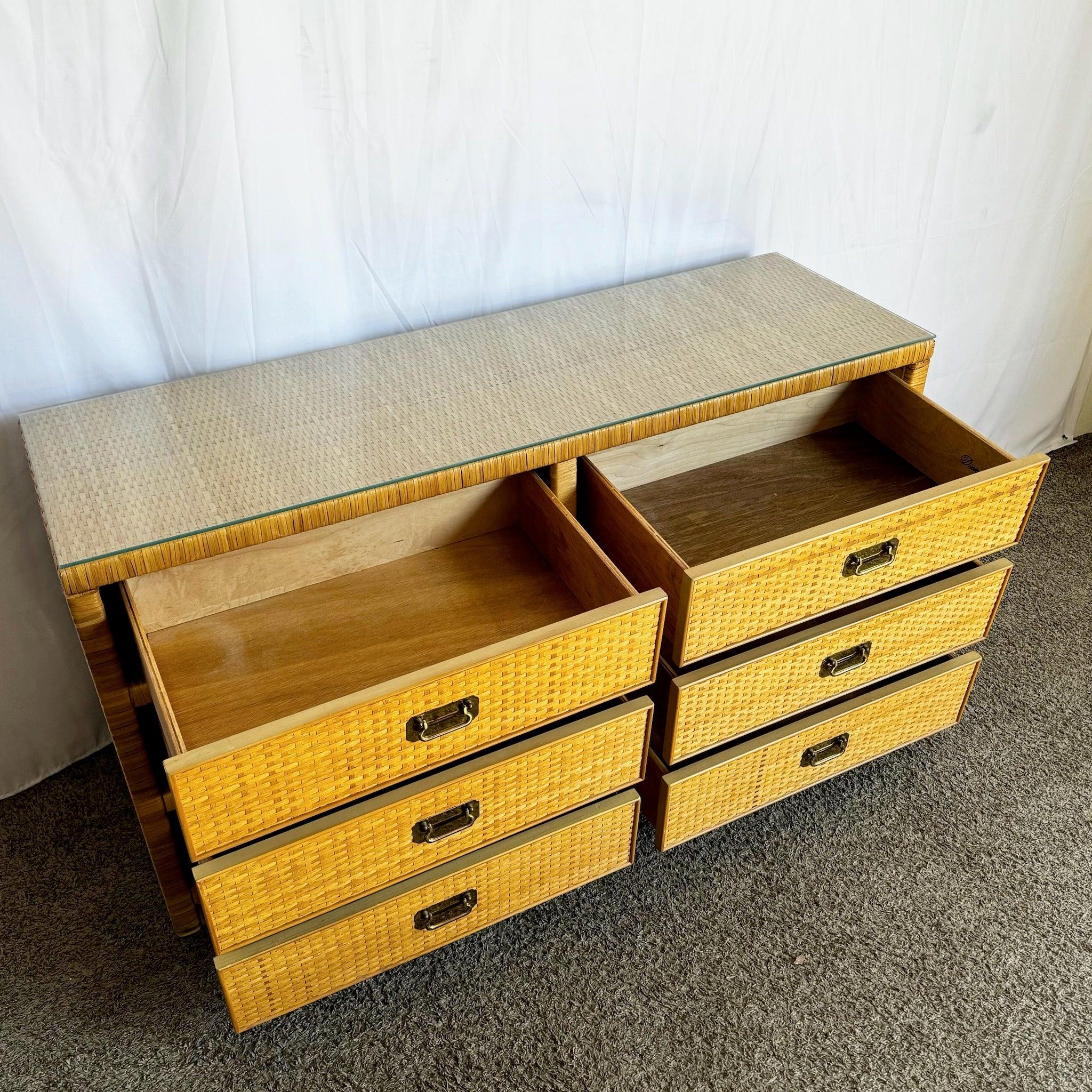 Boho Chic Glass Top Wicker Dresser With Brass Handles by Dixie 1