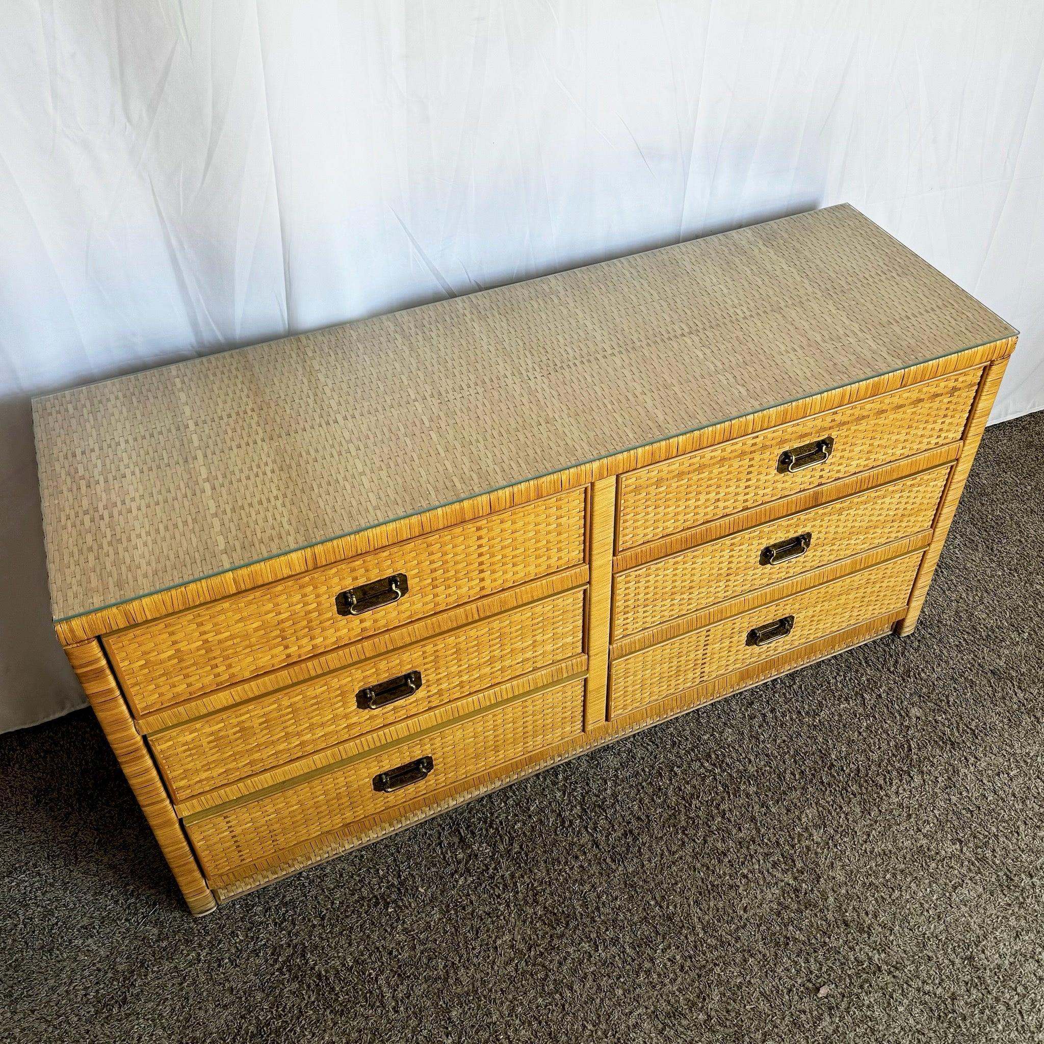 Boho Chic Glass Top Wicker Dresser With Brass Handles by Dixie 2