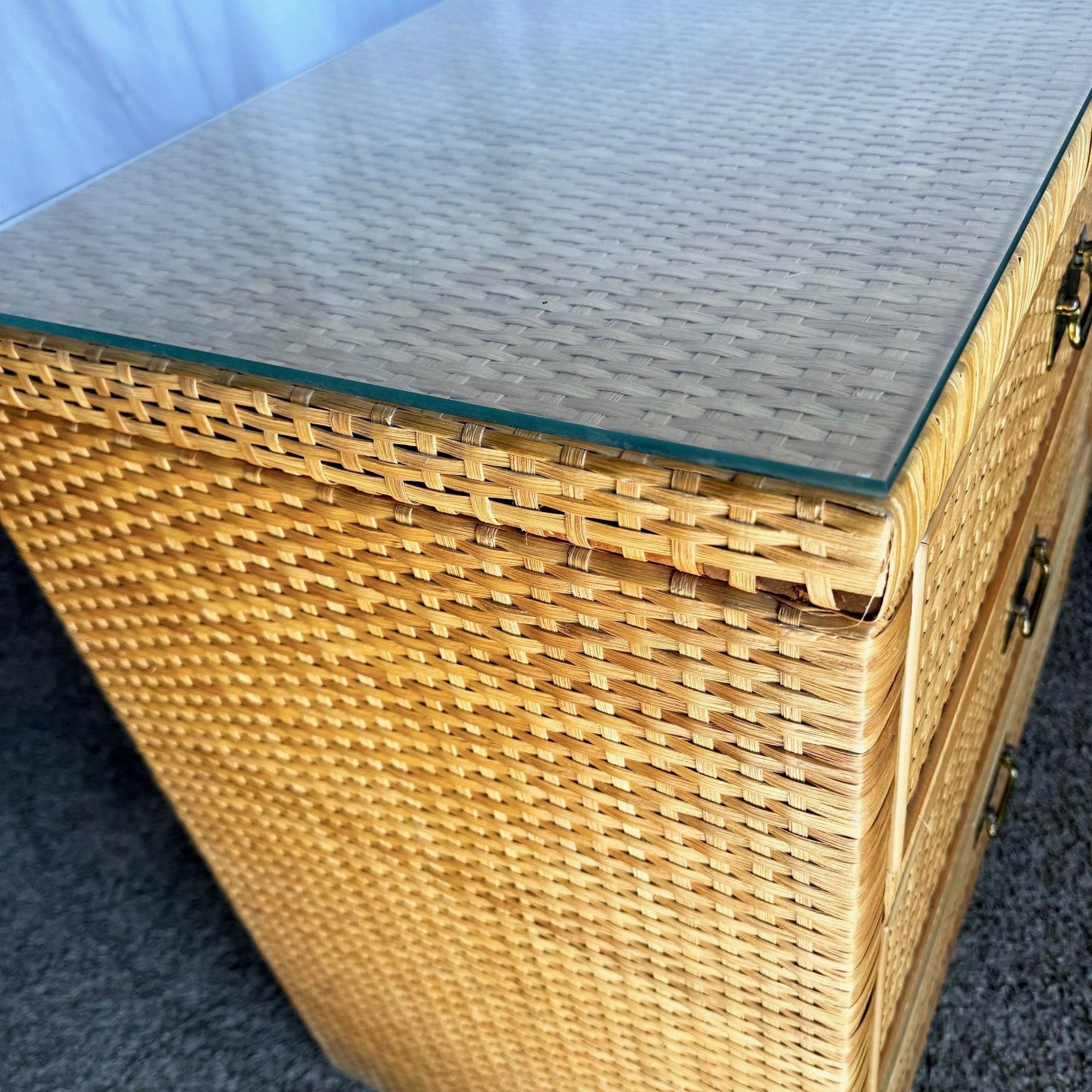 Boho Chic Glass Top Wicker Dresser With Brass Handles by Dixie 3