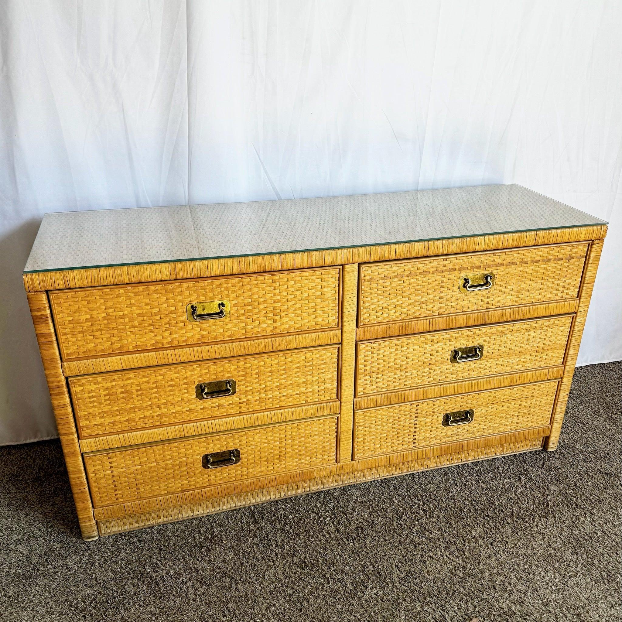 Boho Chic Glass Top Wicker Dresser With Brass Handles by Dixie 4