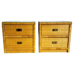 Boho Chic Glass Top Wicker Nightstands With Brass Handles by Dixie