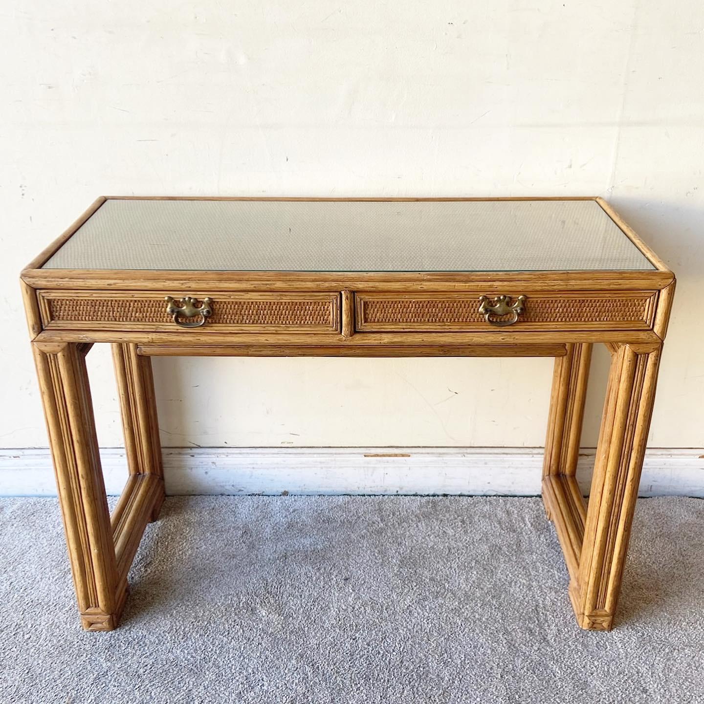 Boho Chic Glass Top Writing Desk by Worrells Interiors For Sale at