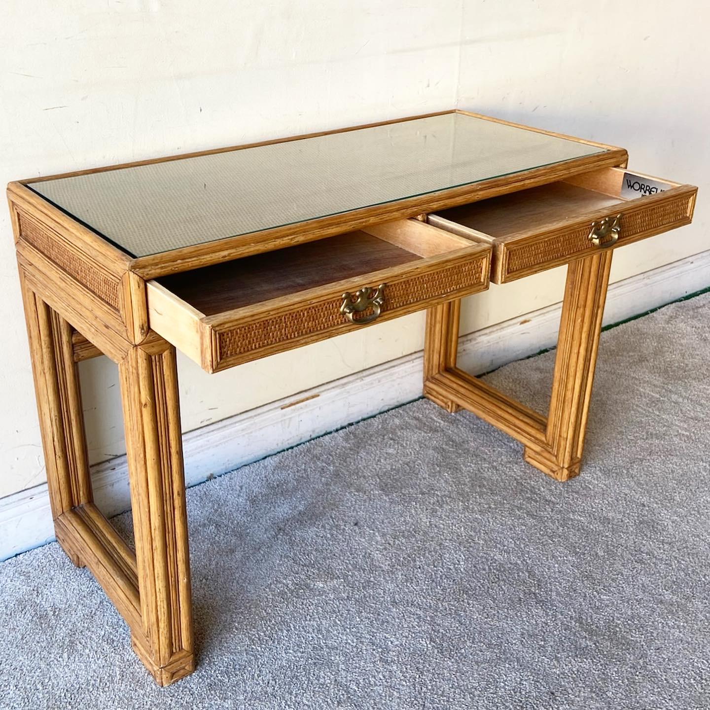 Boho Chic Glass Top Writing Desk by Worrells Interiors For Sale at