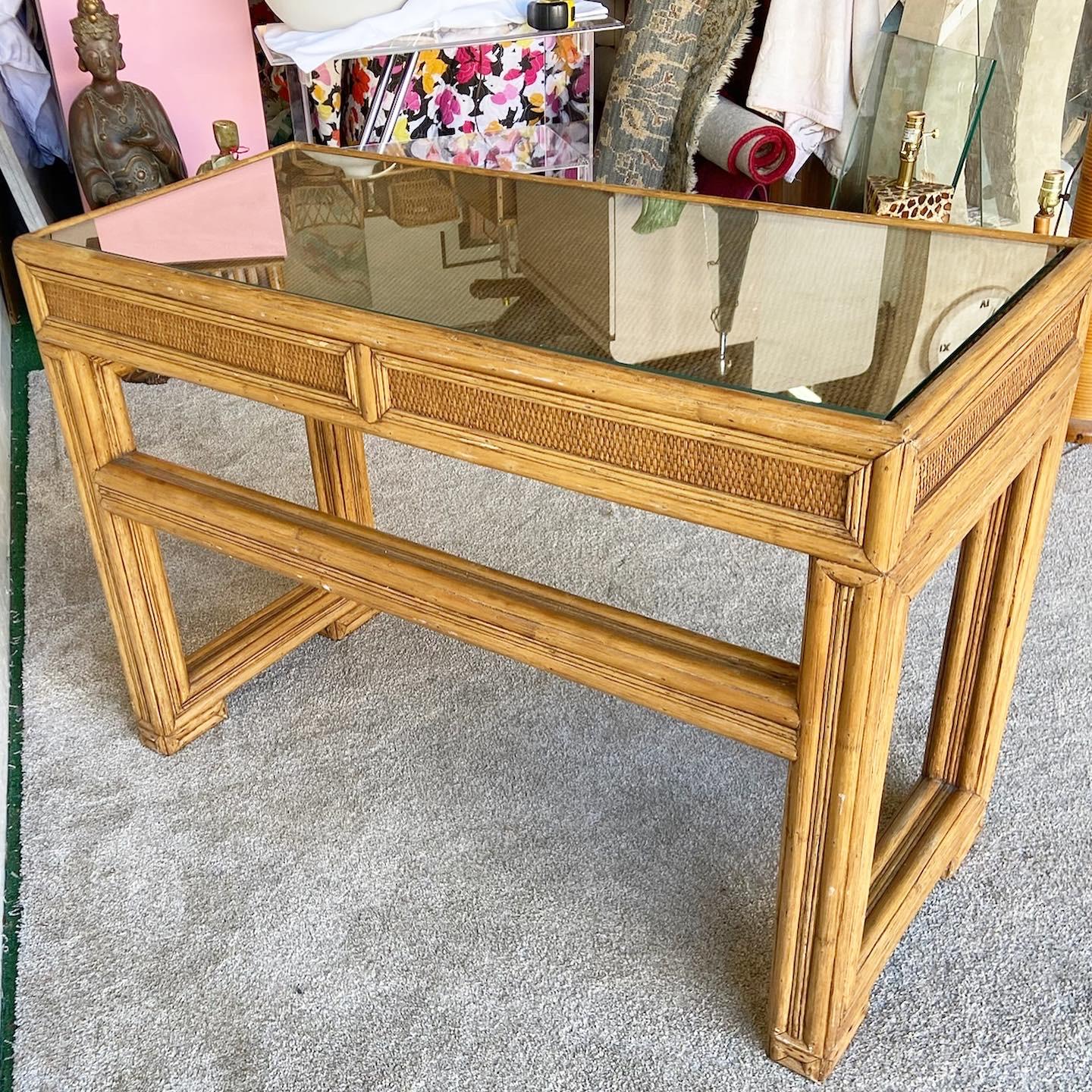 Boho Chic Glass Top Writing Desk by Worrells Interiors For Sale at