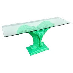 Boho Chic Green Banana Leaf Glass Top Console Table