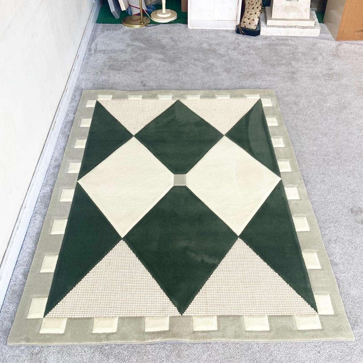Post-Modern Boho Chic Green, Cream and Natural Weave Rectangular Area Rug For Sale