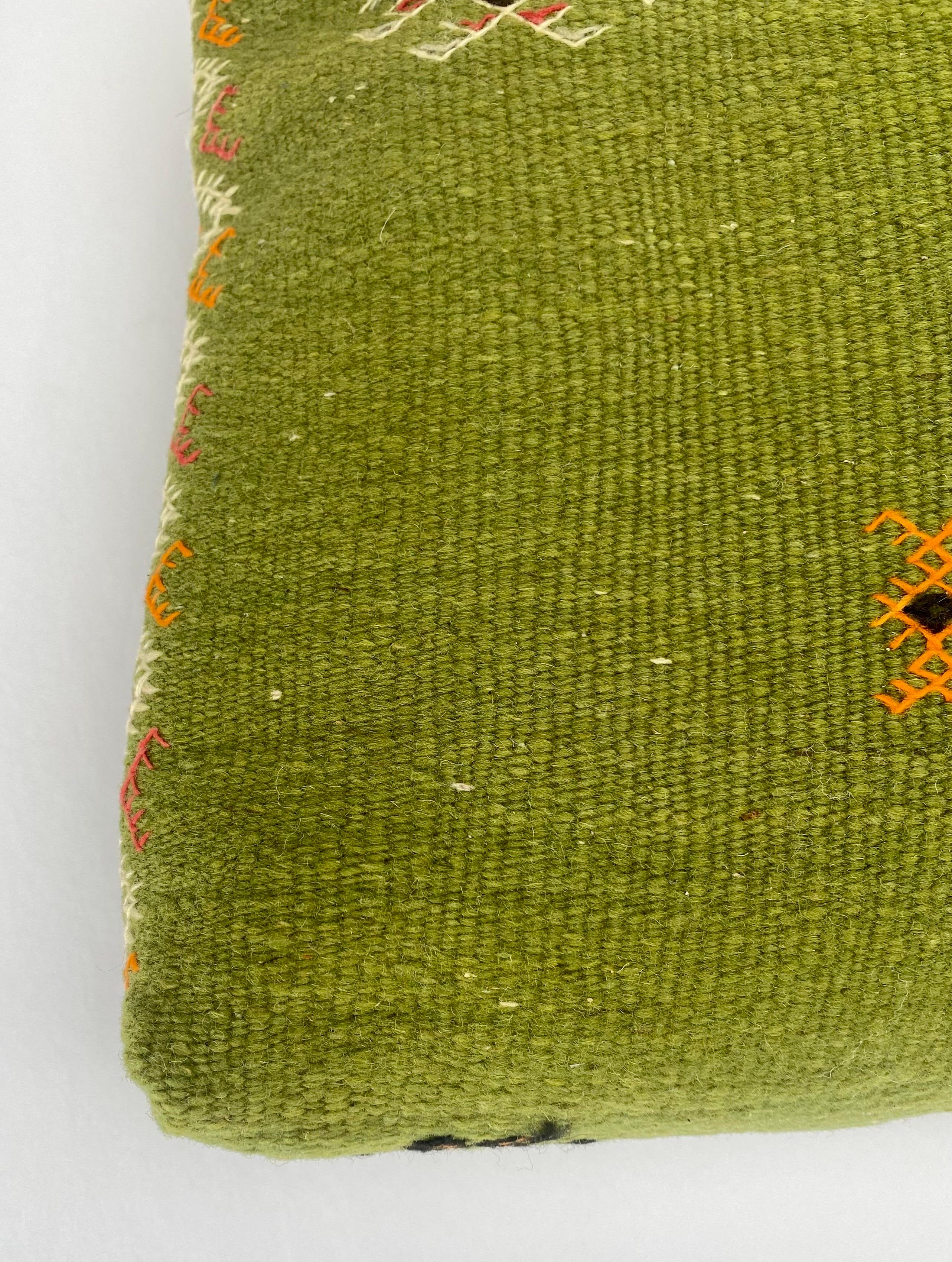 20th Century Boho Chic Green Moroccan Tribal Kilim Wool Hand-woven Pillow, a Pair 