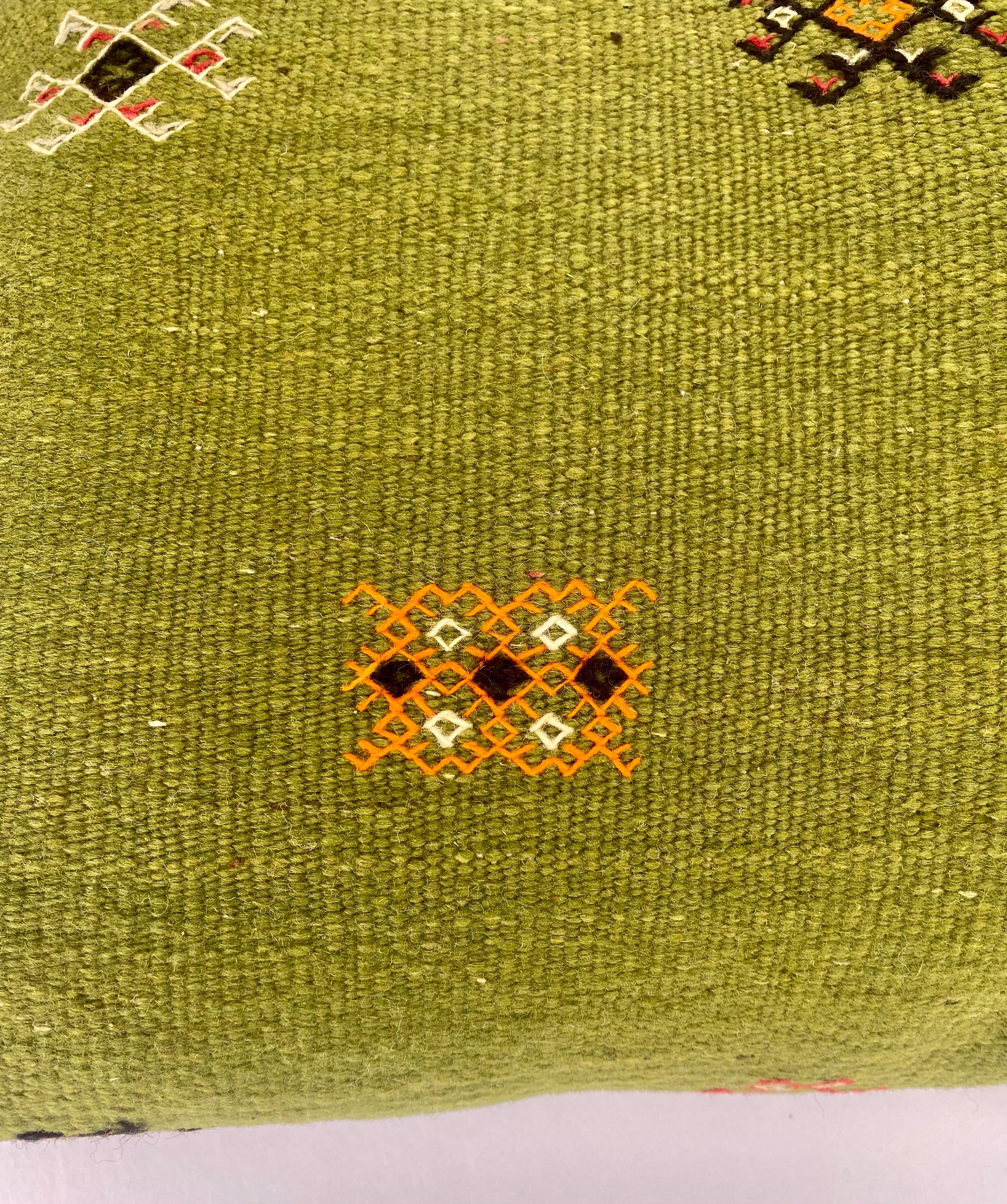 Boho Chic Green Moroccan Tribal Kilim Wool Hand-woven Pillow, a Pair  1