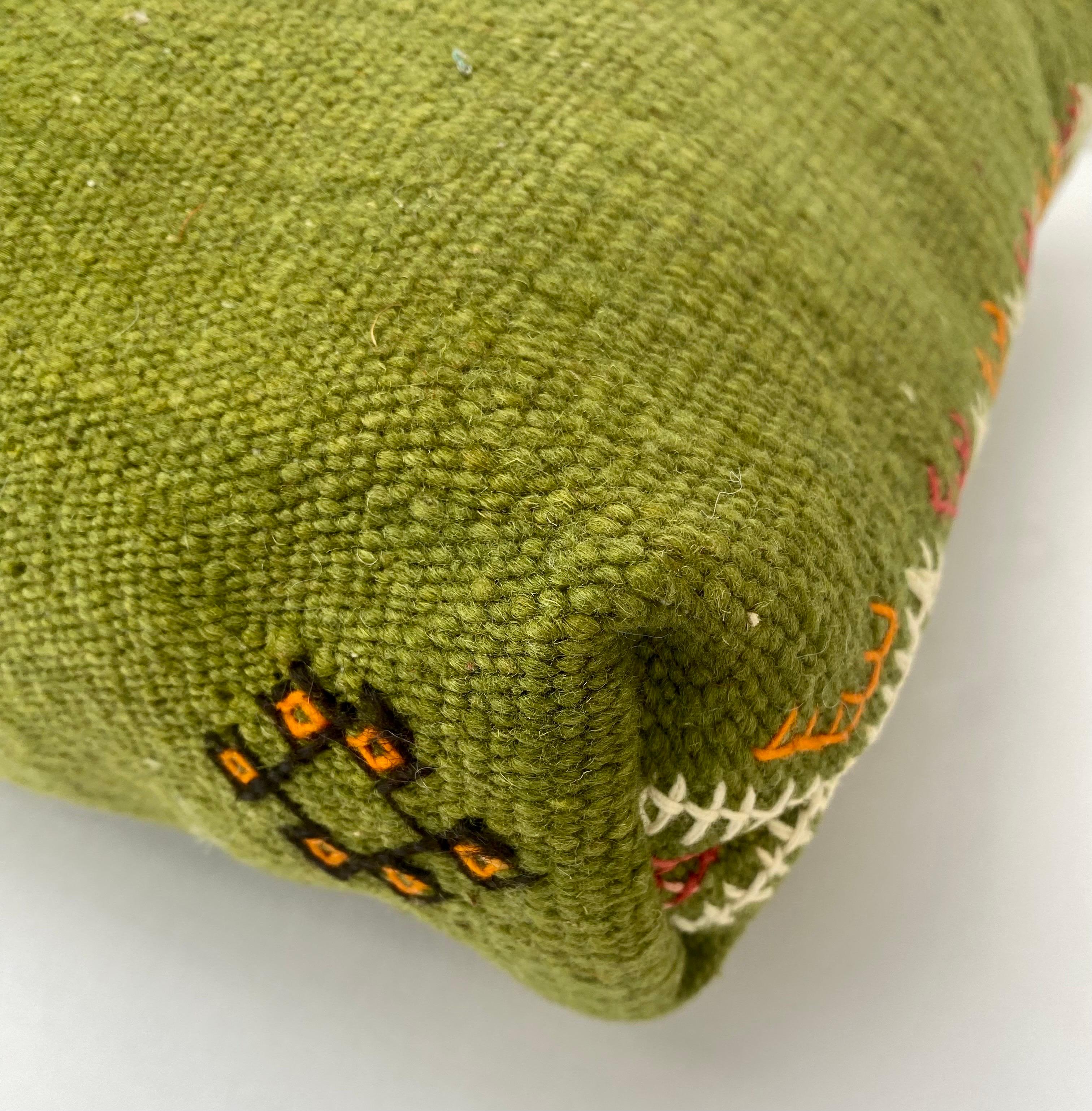 Boho Chic Green Moroccan Tribal Kilim Wool Hand-woven Pillow, a Pair  2