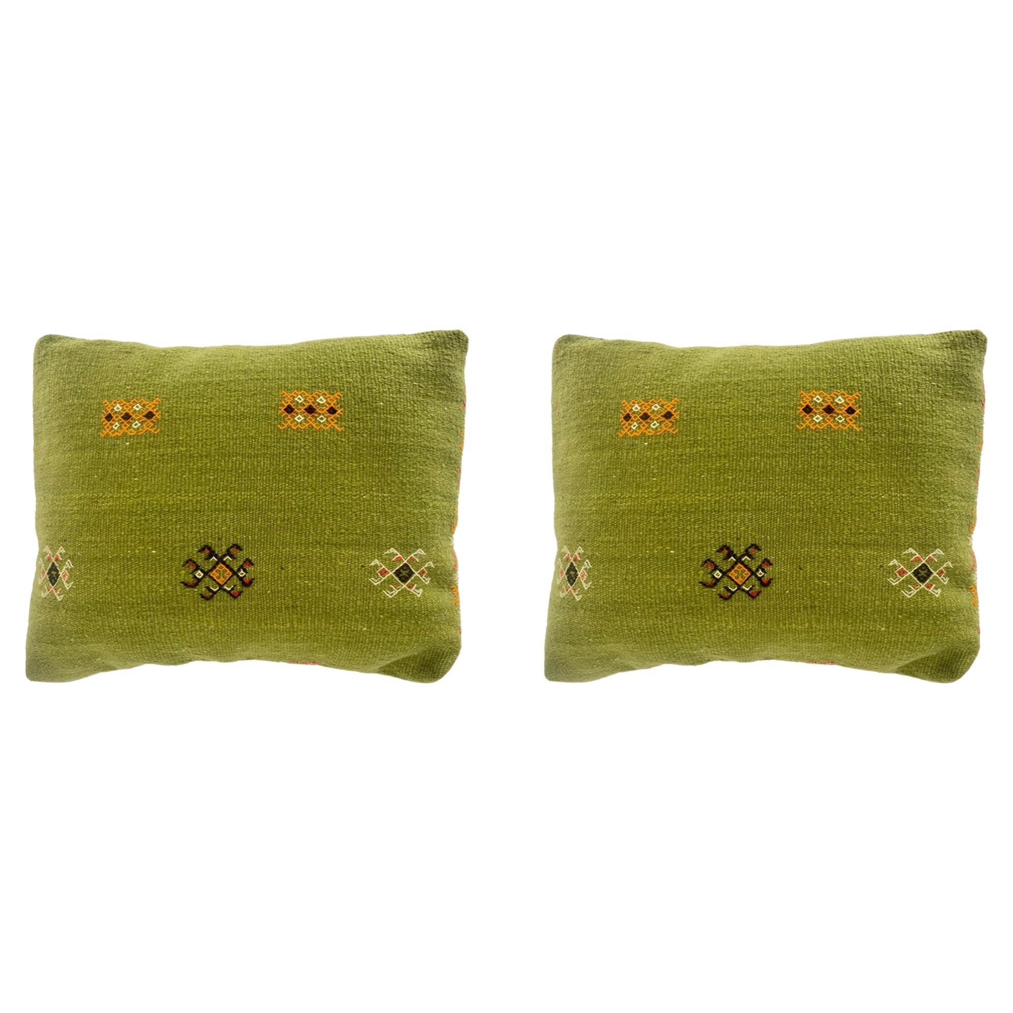 Boho Chic Green Moroccan Tribal Kilim Wool Hand-woven Pillow, a Pair 