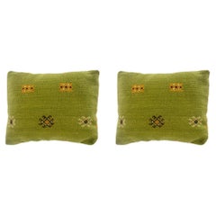 Boho Chic Green Moroccan Tribal Kilim Wool Hand-woven Pillow, a Pair 