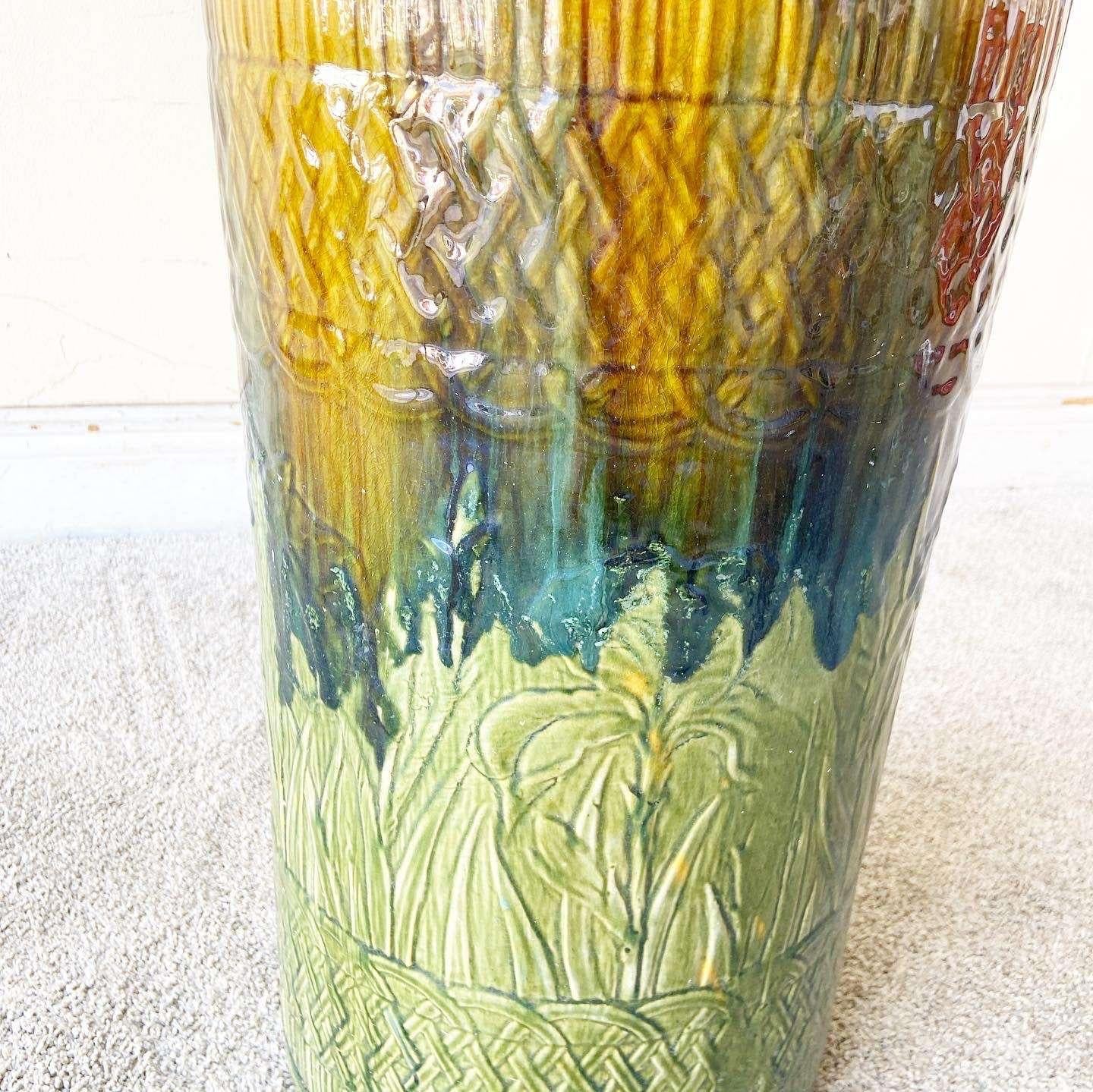 Vase de sol Boho Chic en terre cuite émaillée verte et orange en vente 1