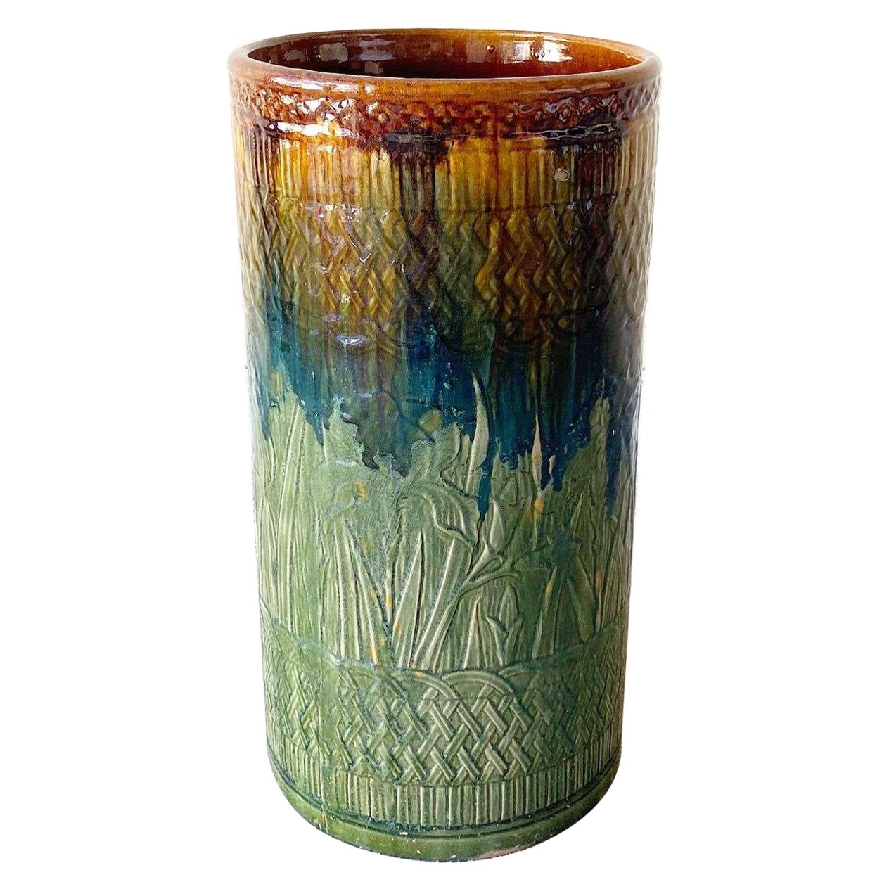 Vase de sol Boho Chic en terre cuite émaillée verte et orange en vente