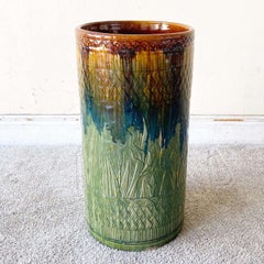 Retro Boho Chic Green & Orange Floral Glazed Clay Floor Vase