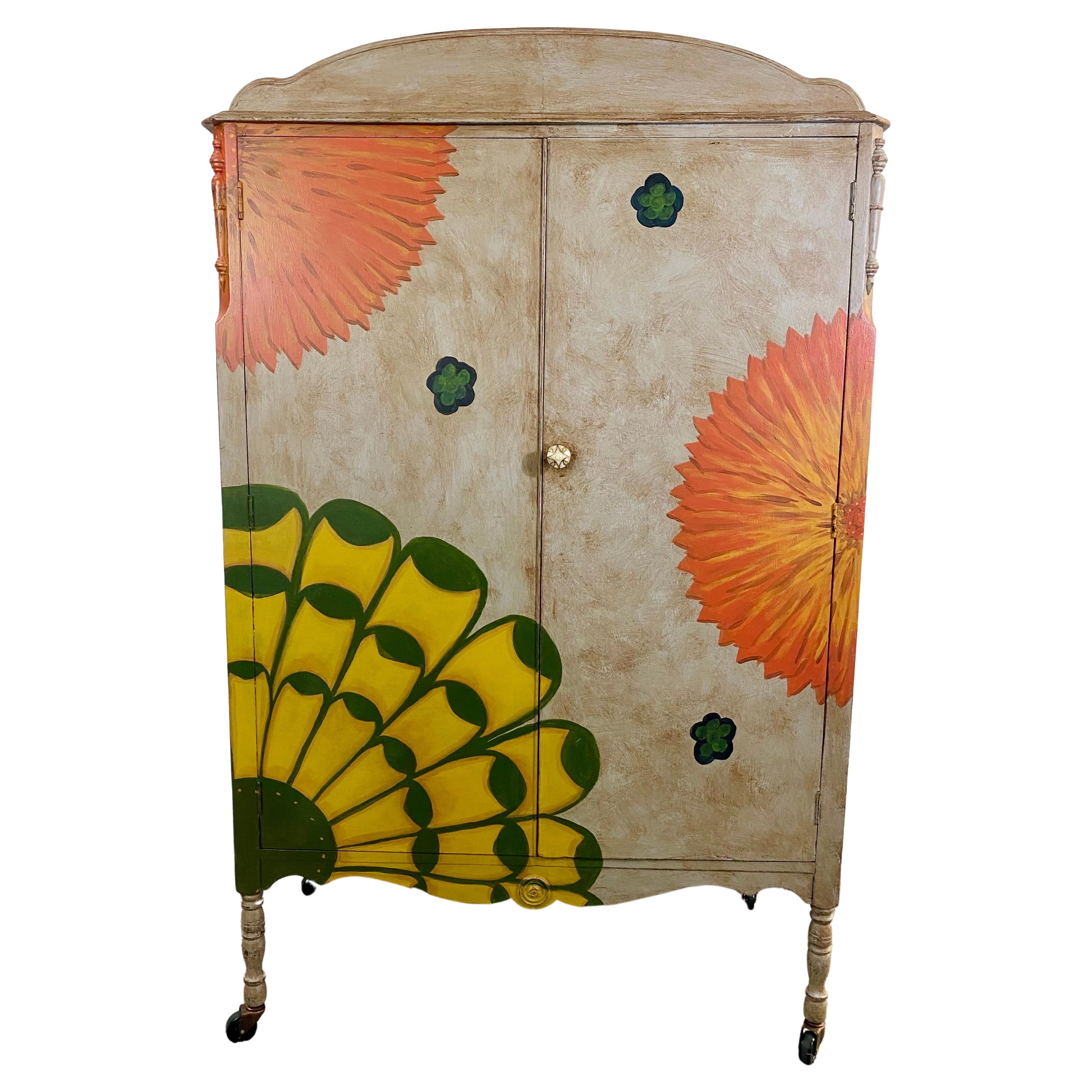 Boho Chic Hand painted Armoire or Wardrobe  For Sale