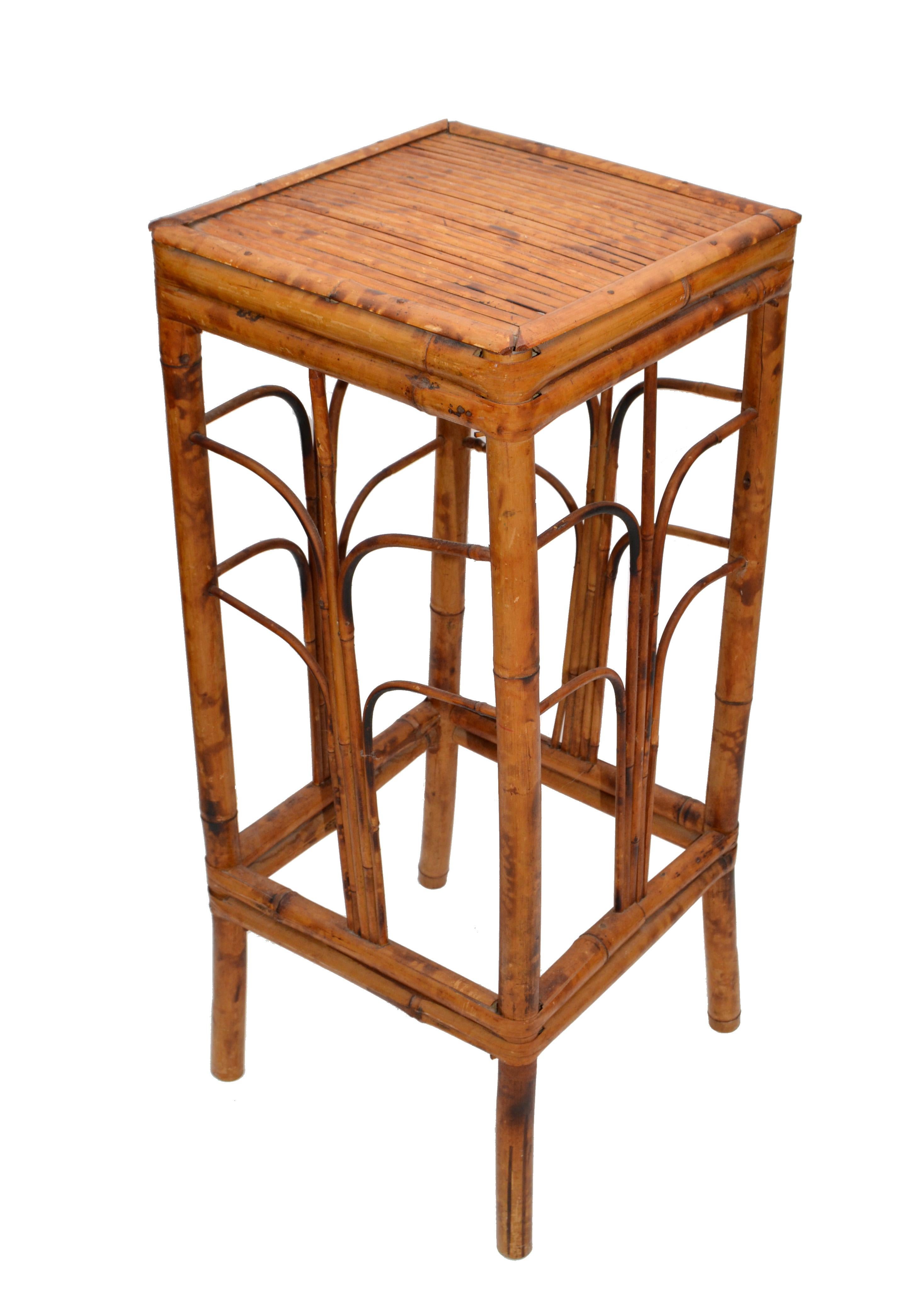Bohemian Boho Chic Handcrafted Mid-Century Modern Bamboo & Rattan Side Table, Plant Stand