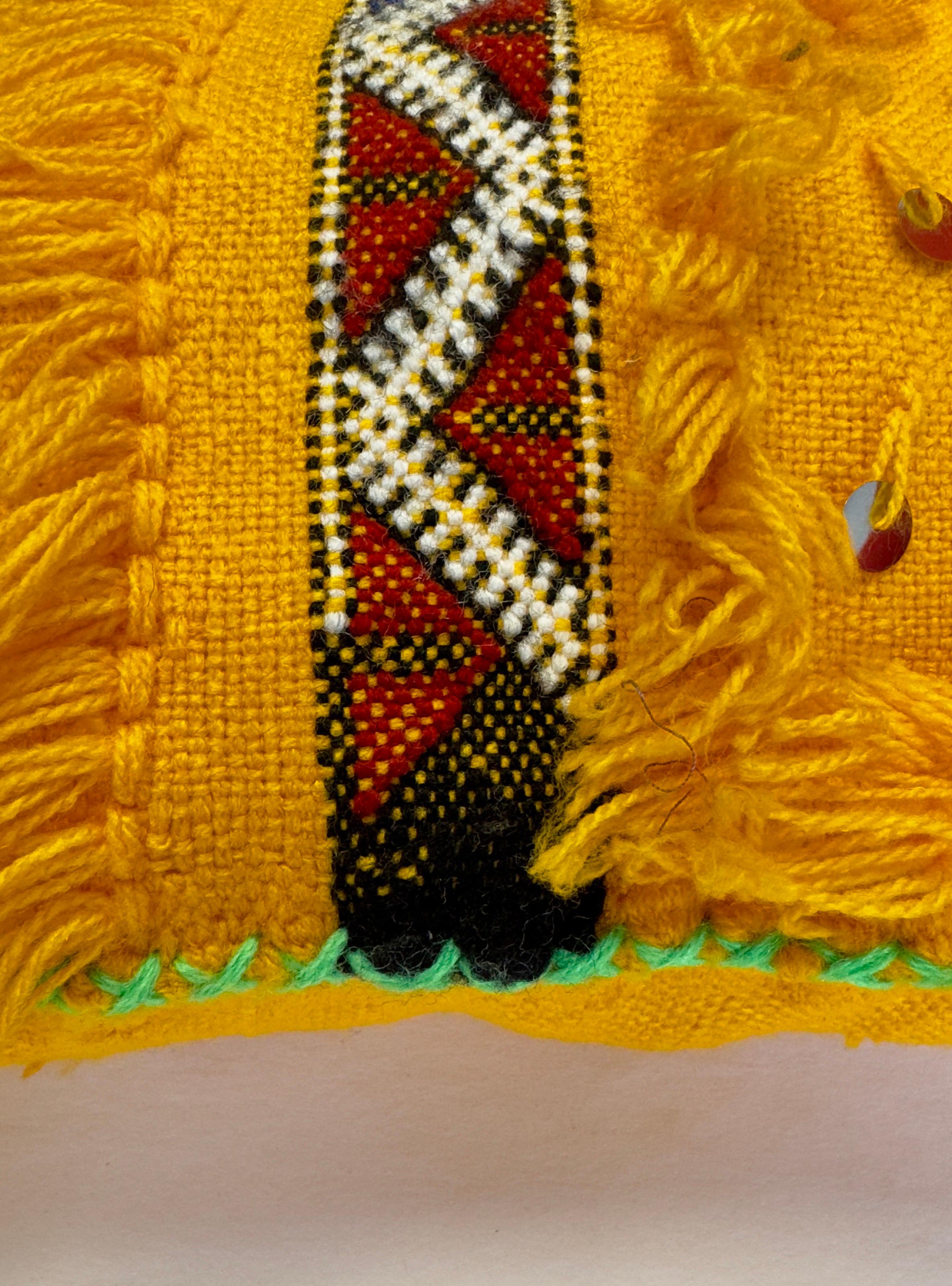 Boho Chic Handmade Wool & Sequin Yellow Pillow Case, a Pair In Good Condition For Sale In Plainview, NY