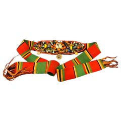Boho Chic Handwoven Striped Wide Moroccan Berber Antique Beaded Wool Belt