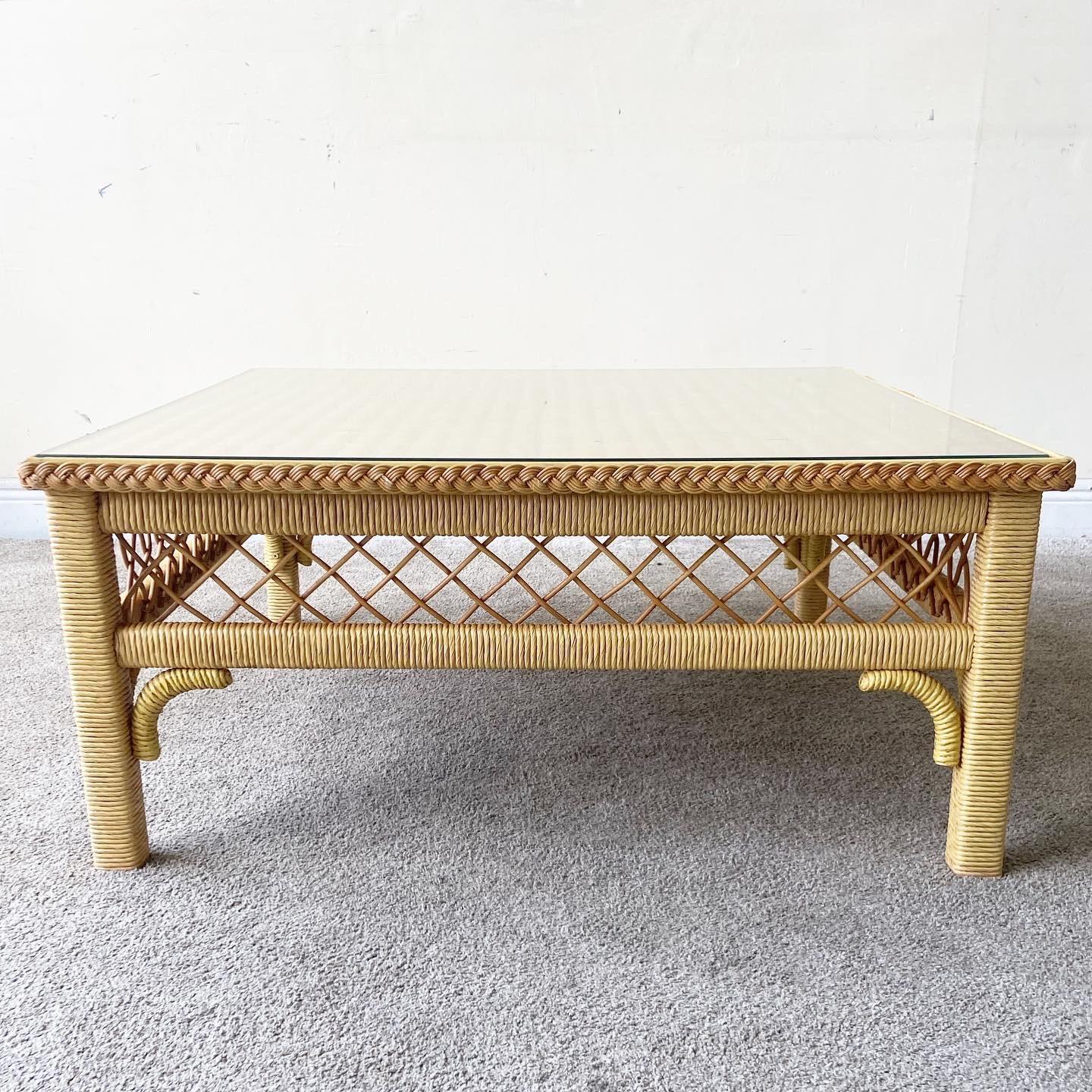 Boho Chic Henry Link Wicker Glass Top Coffee Table For Sale at 1stDibs