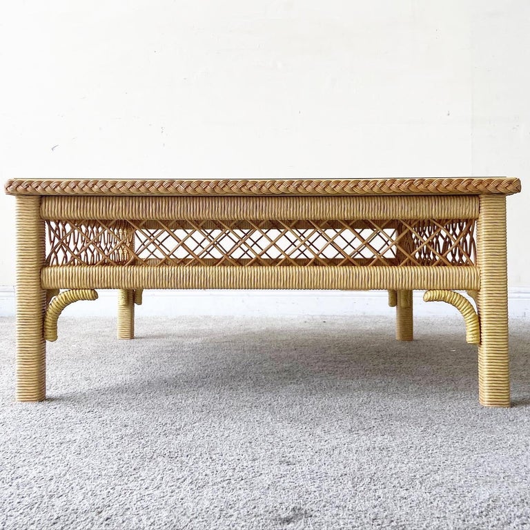 Boho Chic Henry Link Wicker Glass Top Coffee Table For Sale at 1stDibs