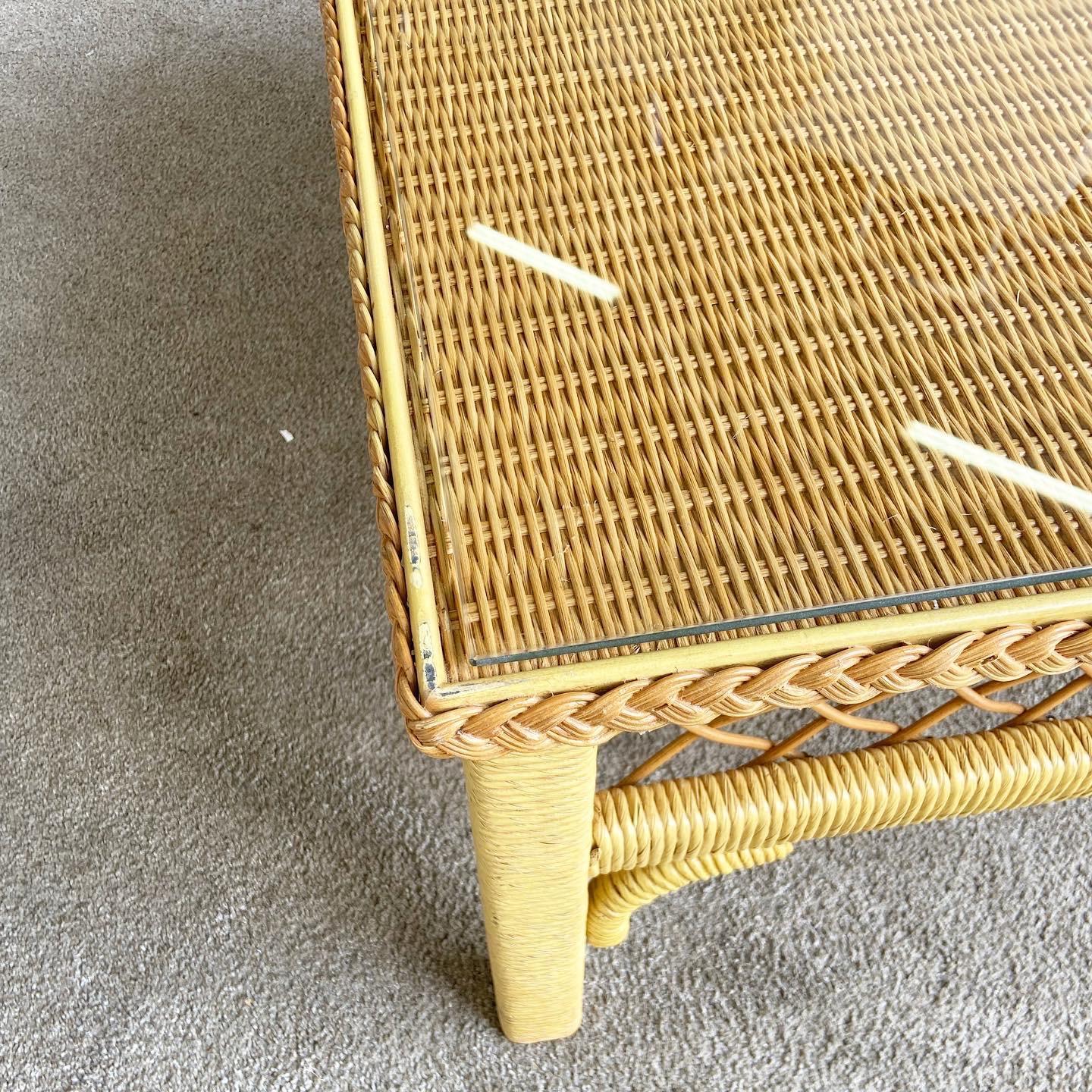 Boho Chic Henry Link Wicker Glass Top Coffee Table For Sale at 1stDibs