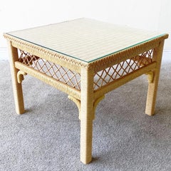 Boho Chic Henry Link Wicker Glass Top Side Table