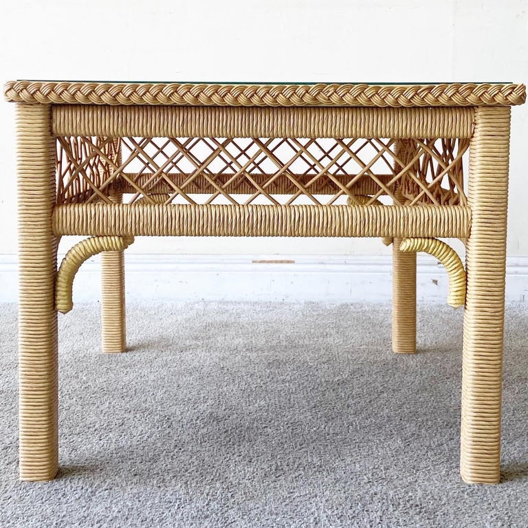 Boho Chic Henry Link Wicker Glass Top Side Table For Sale at 1stDibs