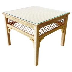 Vintage Boho Chic Henry Link Wicker Glass Top Side Table