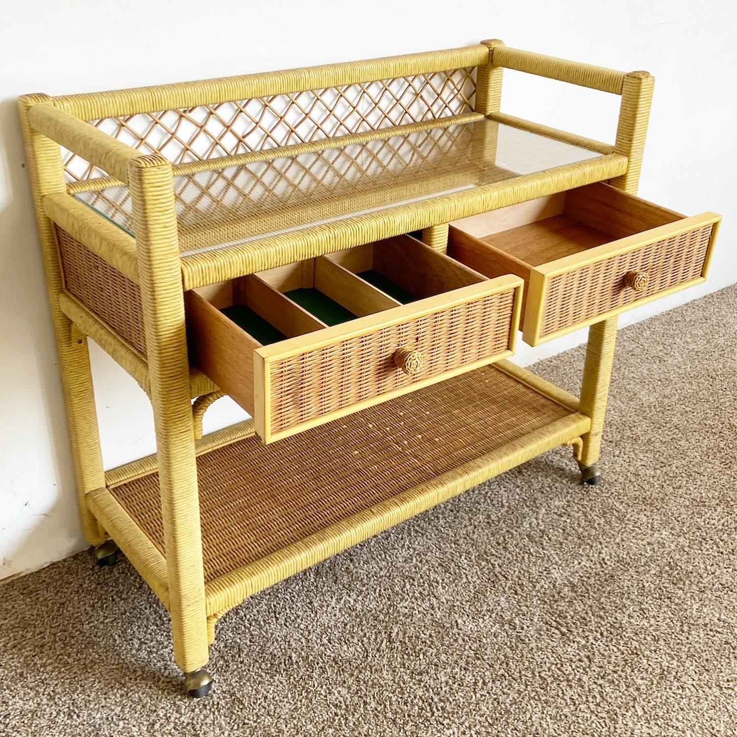 Boho Chic Henry Link Wicker Rattan Bar Cart on Casters For Sale 4