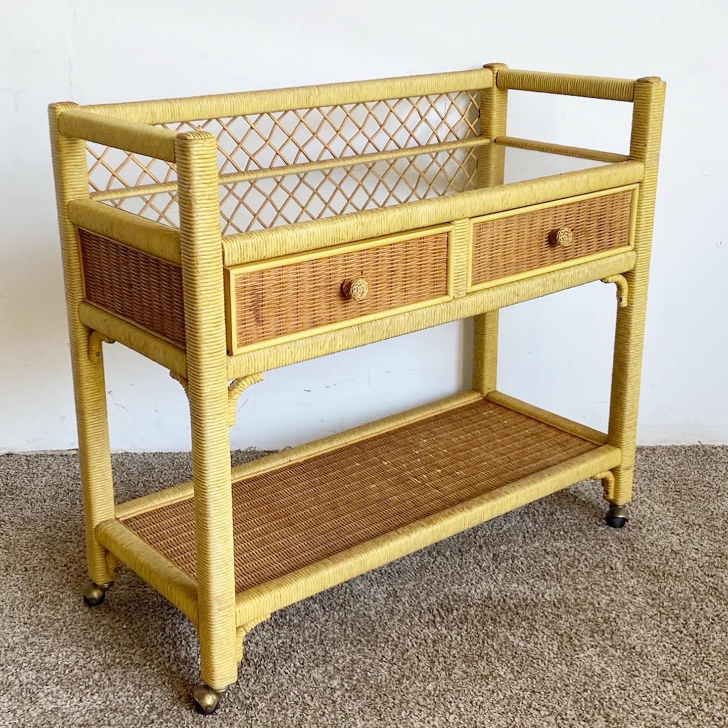 American Boho Chic Henry Link Wicker Rattan Bar Cart on Casters For Sale