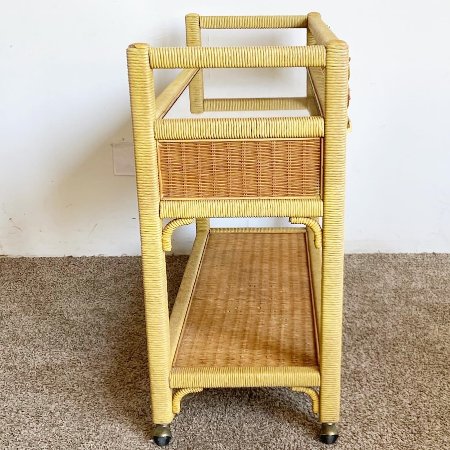 Boho Chic Henry Link Wicker Rattan Bar Cart on Casters In Good Condition In Delray Beach, FL