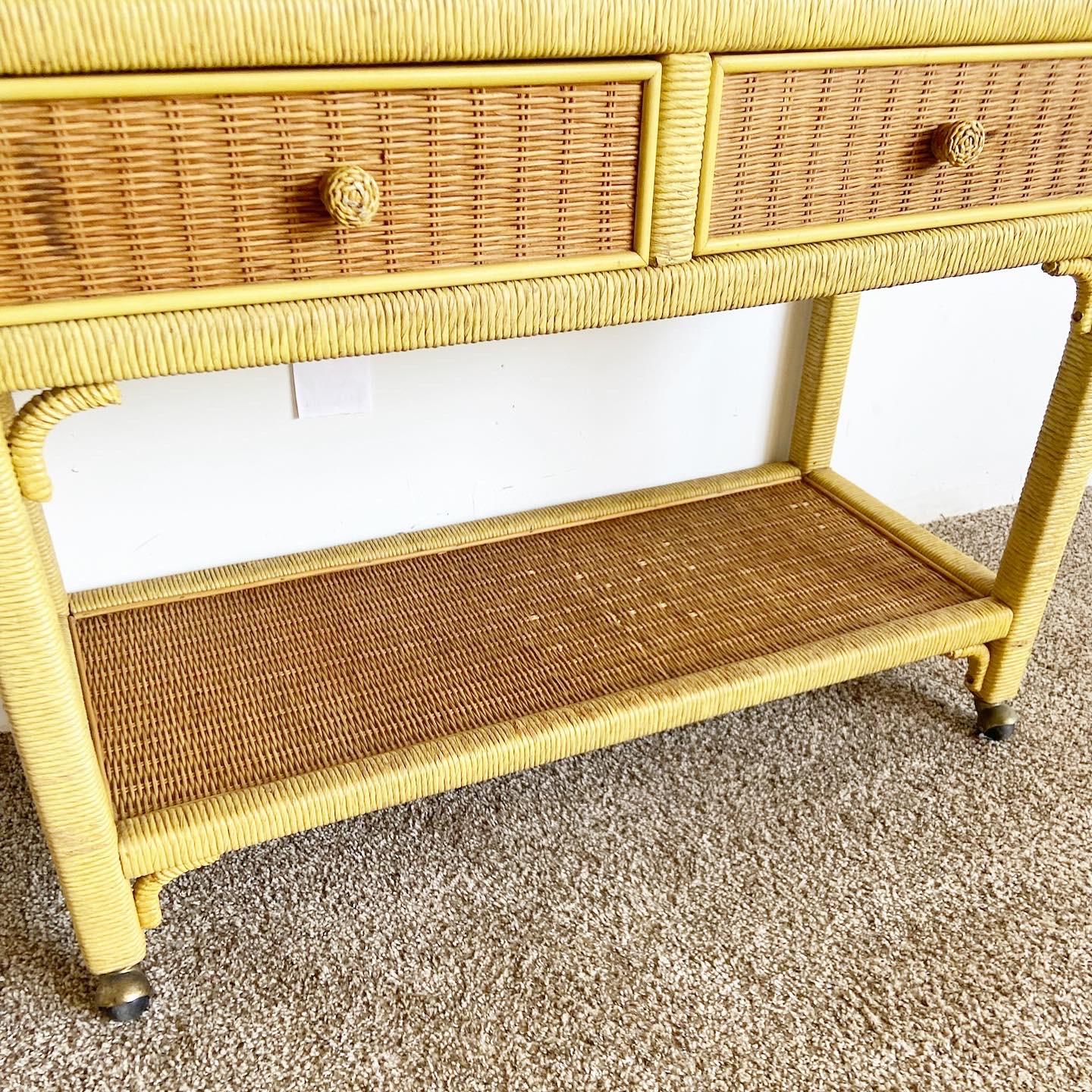 Late 20th Century Boho Chic Henry Link Wicker Rattan Bar Cart on Casters For Sale
