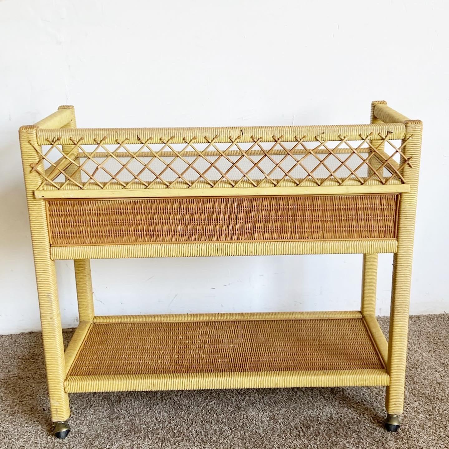 Boho Chic Henry Link Wicker Rattan Bar Cart on Casters For Sale 1