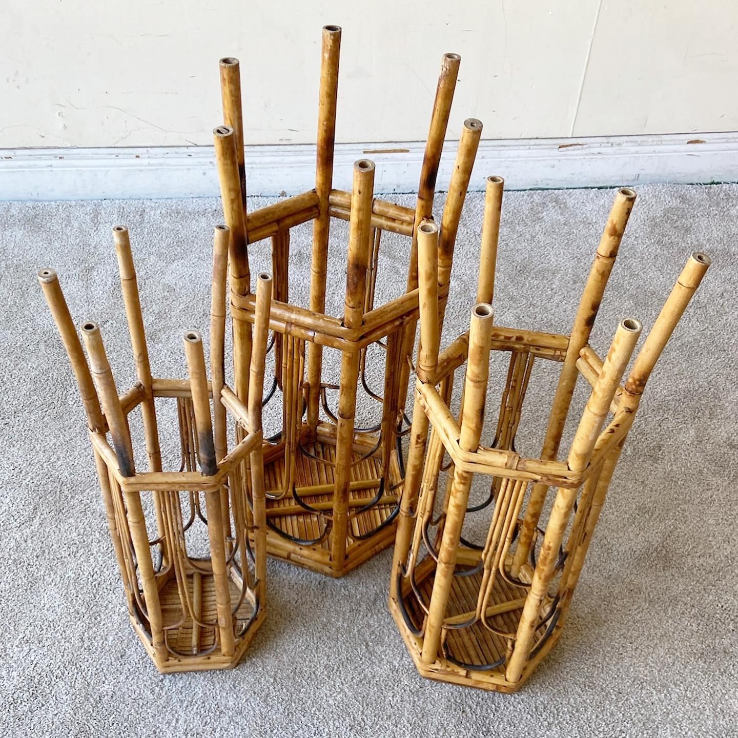 Boho Chic Hexagonal Tortoise Shell Bamboo Nesting Pedestals For Sale 3