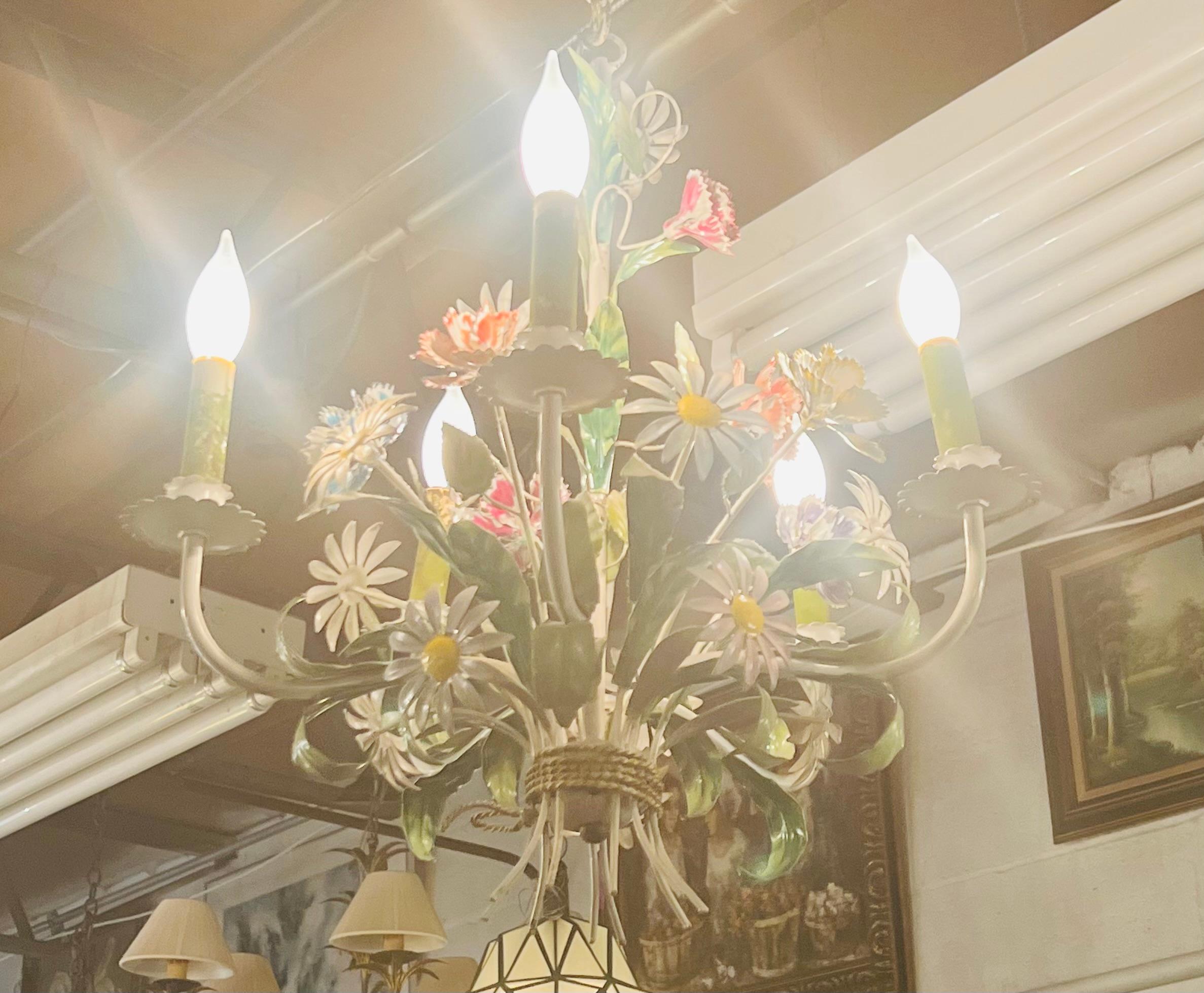 Boho Chic Italian Tole Metal Flowers Chandelier with Five Arms 2