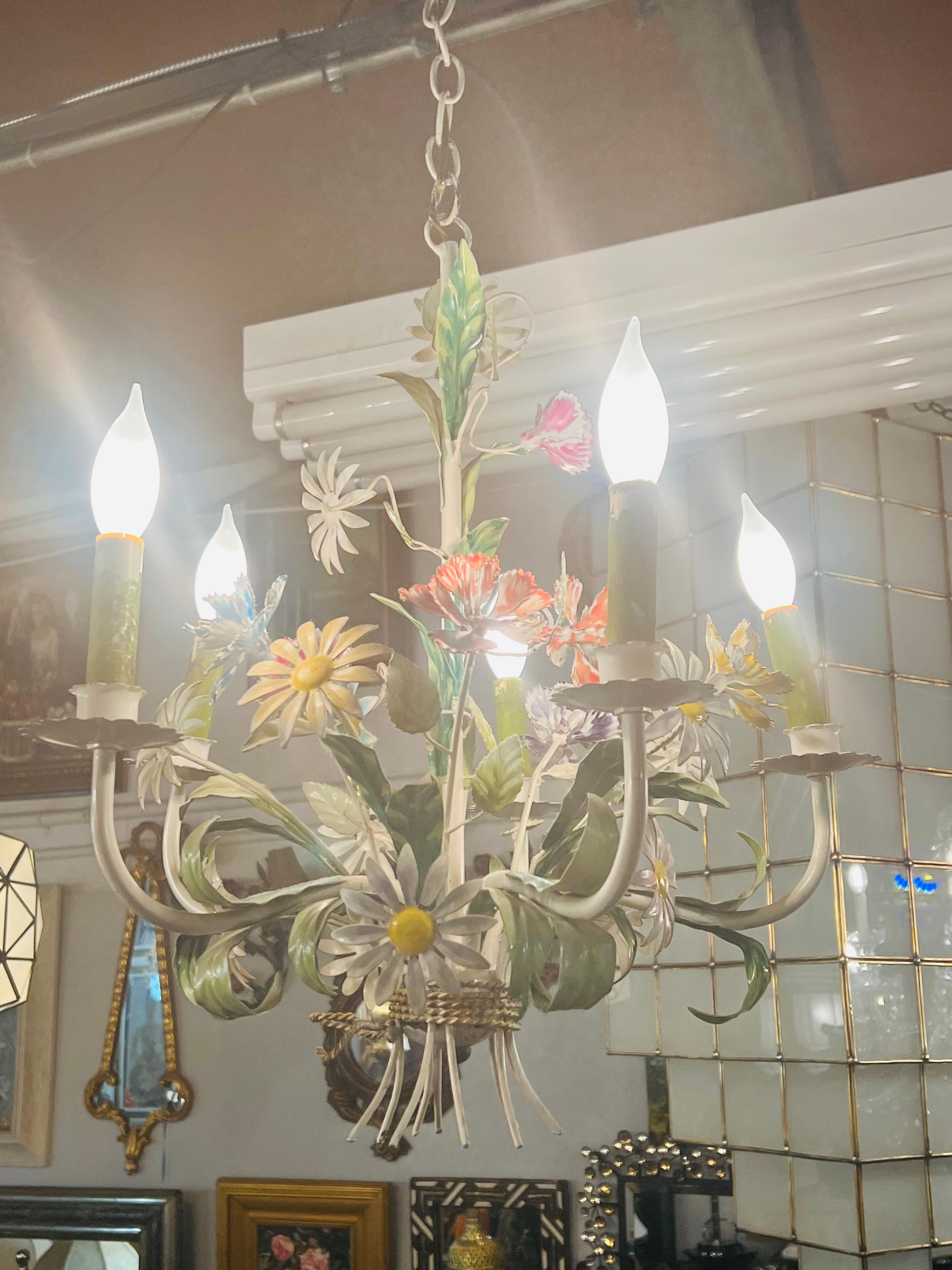 Boho Chic Italian Tole Metal Flowers Chandelier with Five Arms 3