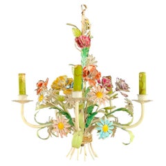 Boho Chic Italian Tole Metal Flowers Chandelier with Five Arms