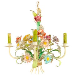 Vintage Boho Chic Italian Tole Metal Flowers Chandelier with Four Arms