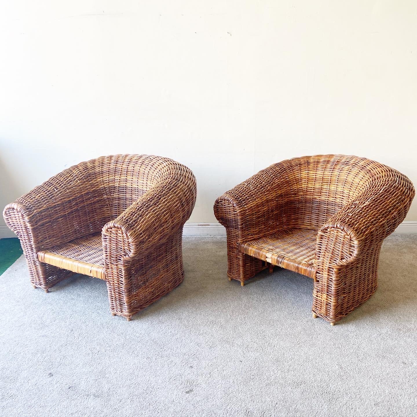 Boho Chic Large Sculptural Wicker Lounge Chairs, a Pair 1