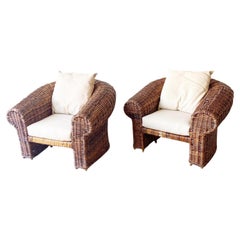 Boho Chic Large Sculptural Wicker Lounge Chairs, a Pair