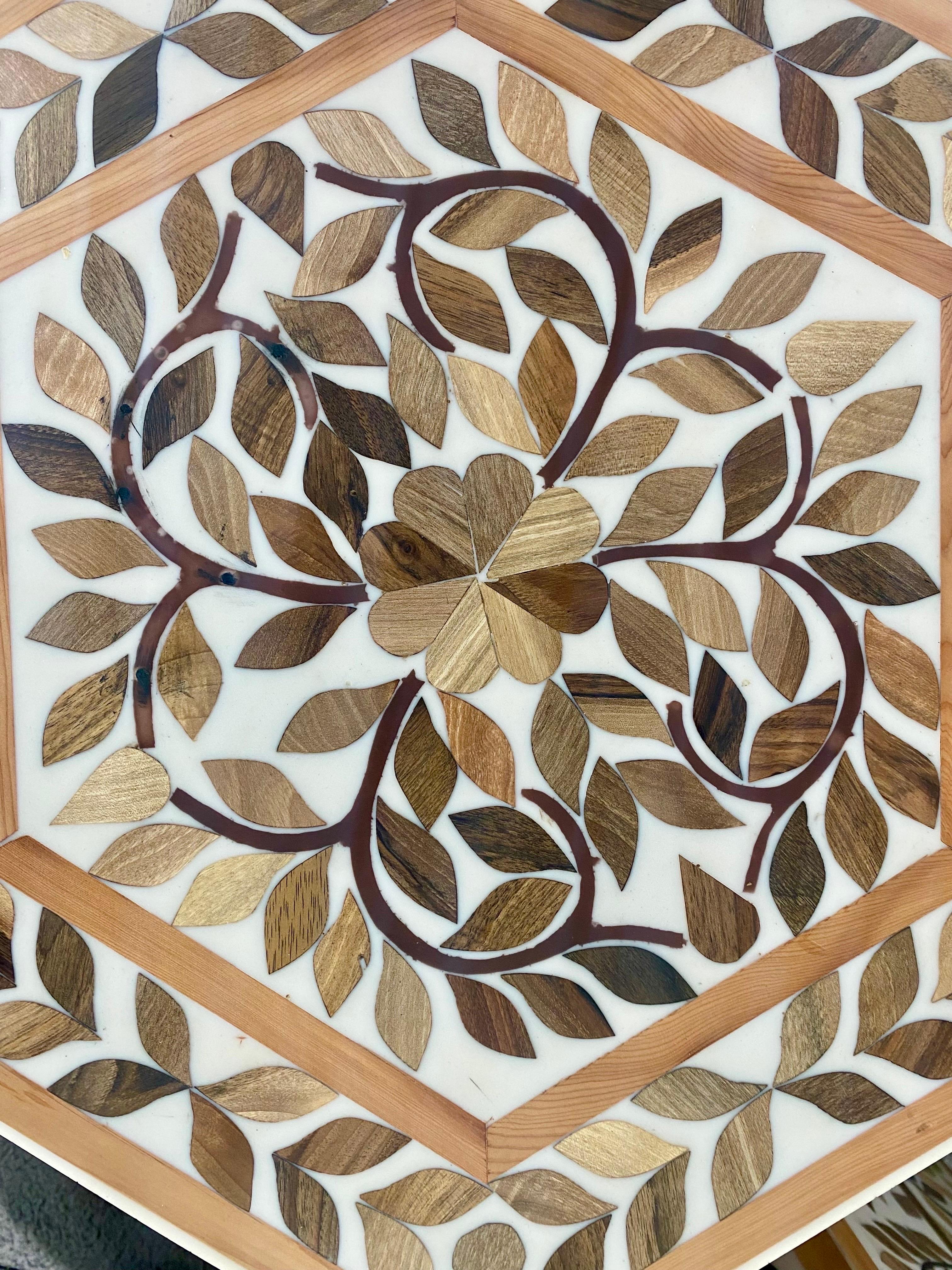 Boho Chic Leaf Design Resin & Walnut Hexagonal Side or End Table, Pair For Sale 2