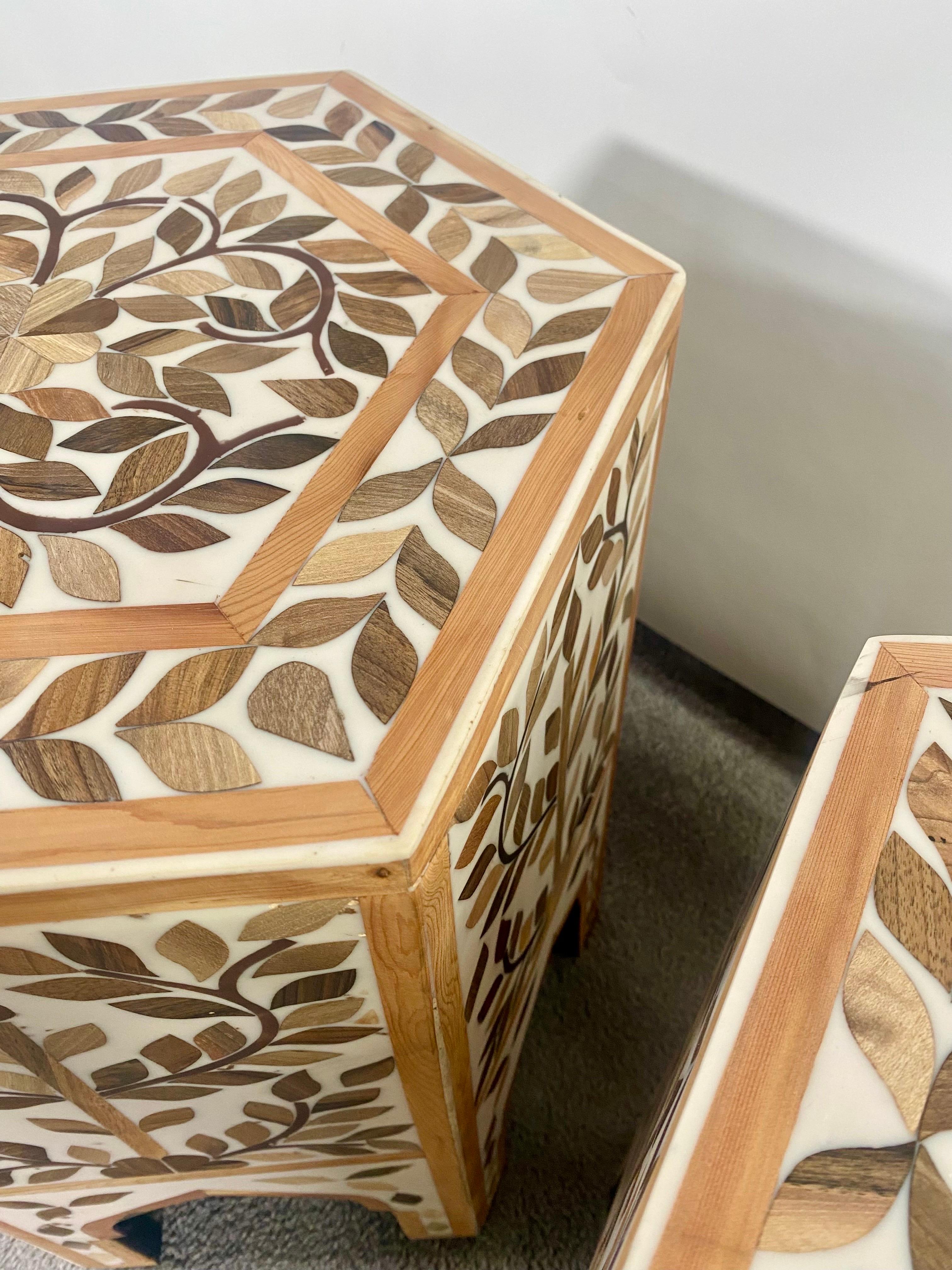 Boho Chic Leaf Design Resin & Walnut Hexagonal Side or End Table, Pair For Sale 3