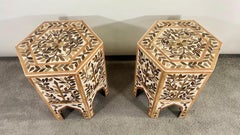 Boho Chic Leaf Design Resin & Walnut Hexagonal Side or End Table, Pair