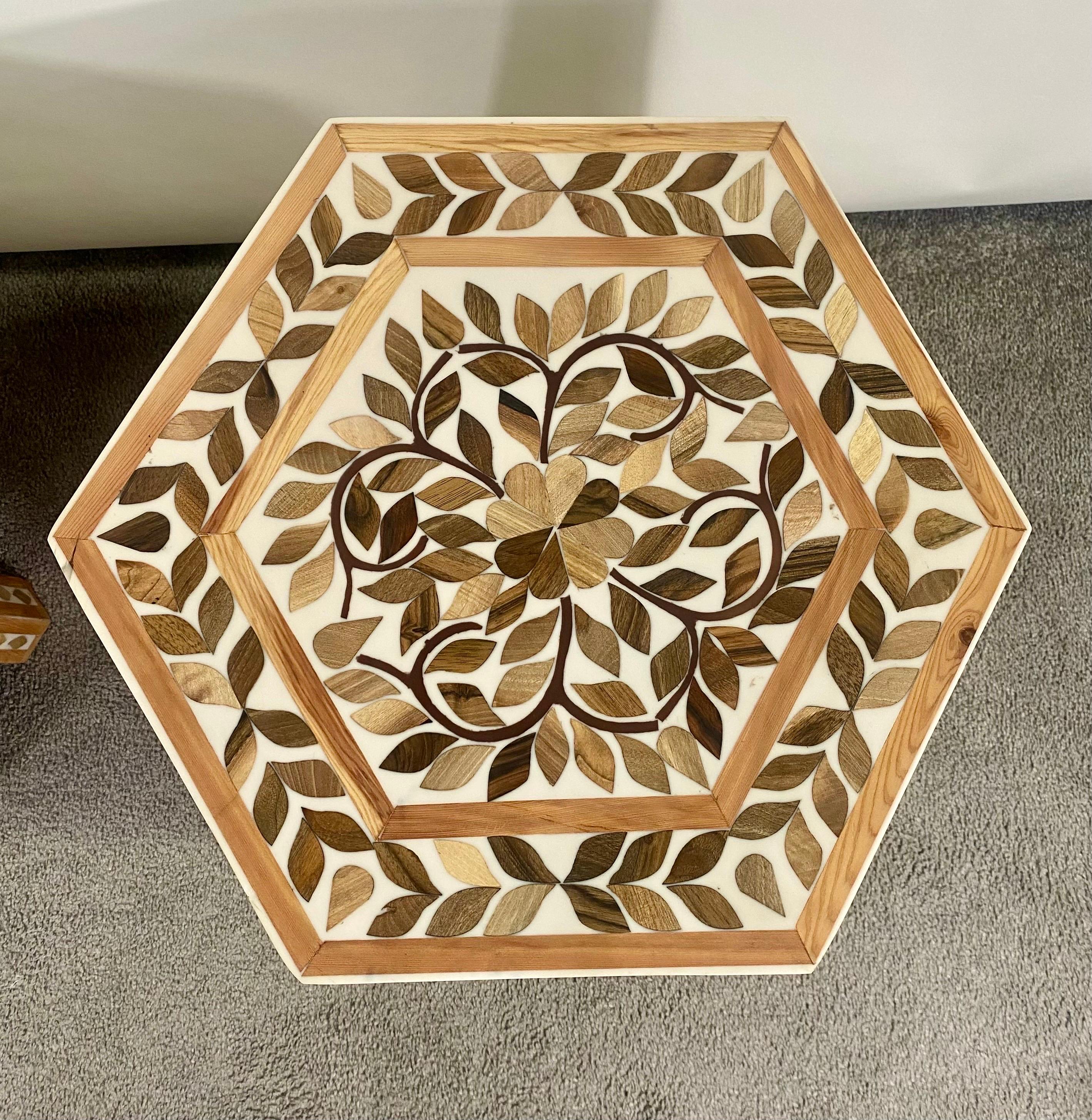 Boho Chic Leaf Design Resin & Walnut Hexagonal Side or End Table, Pair In Good Condition For Sale In Plainview, NY