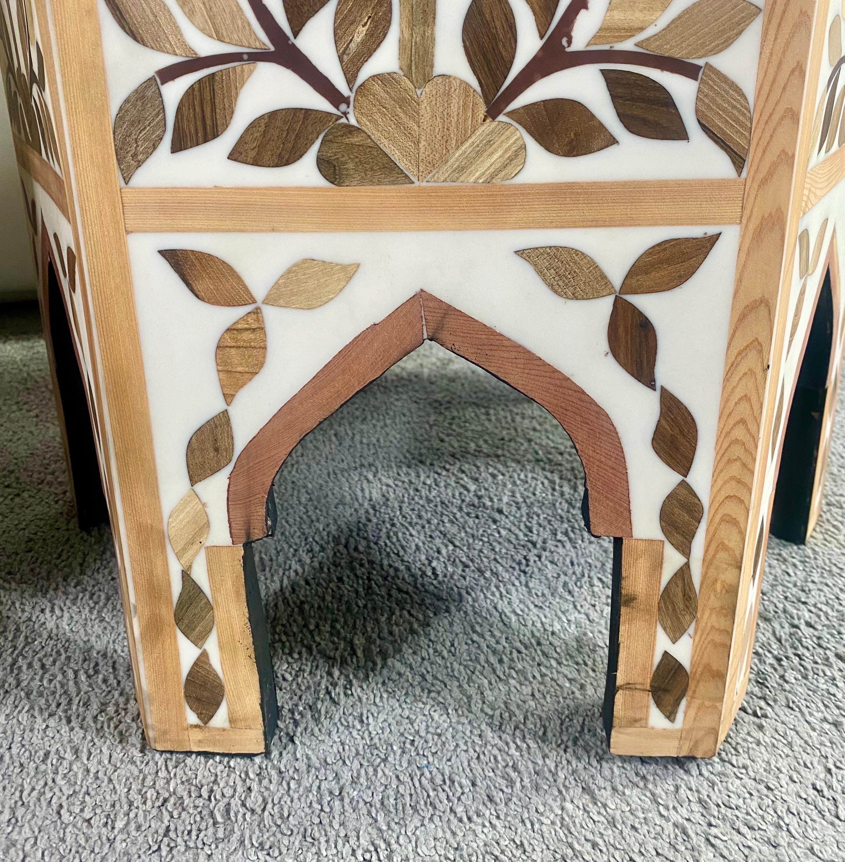 20th Century Boho Chic Leaf Design Resin & Walnut Hexagonal Side or End Table, Pair For Sale