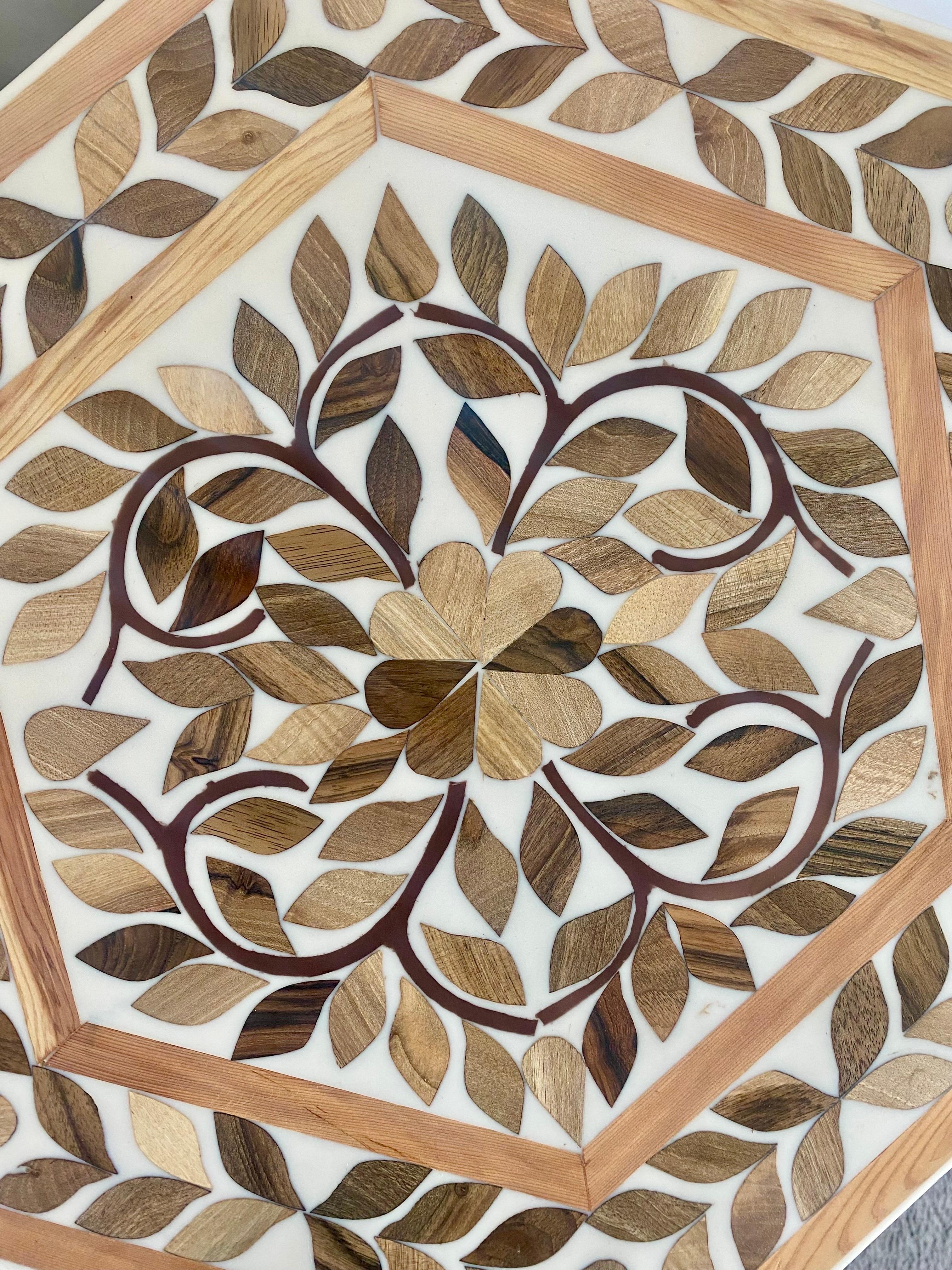 Boho Chic Leaf Design Resin & Walnut Hexagonal Side or End Table, Pair For Sale 1