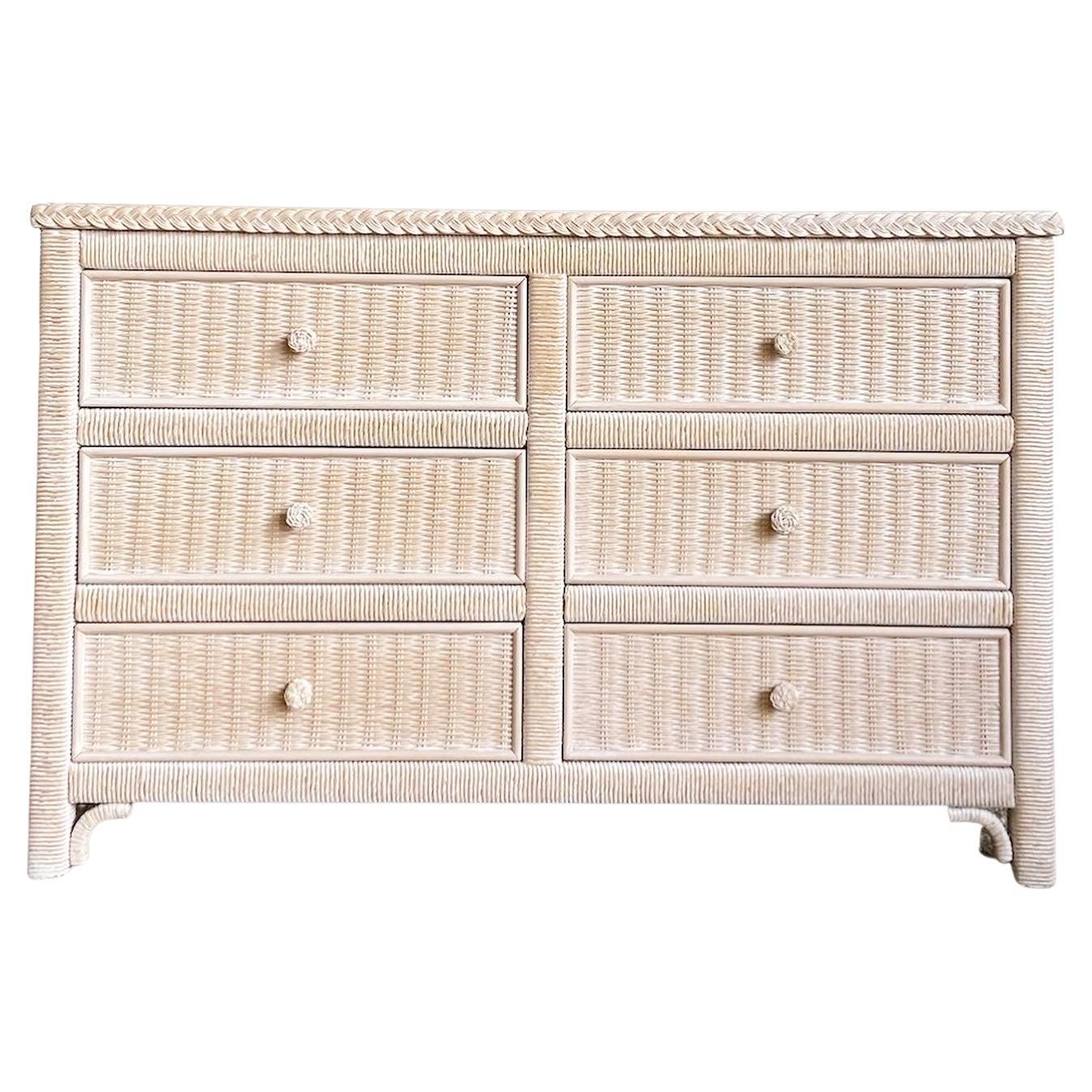 Bohemian Henry Link Wicker and Rattan Glass Top Dresser For Sale at 1stDibs