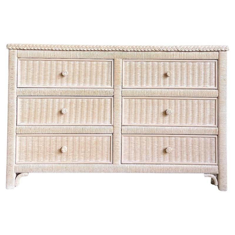 Bohemian Henry Link Wicker and Rattan Glass Top Dresser For Sale at 1stDibs
